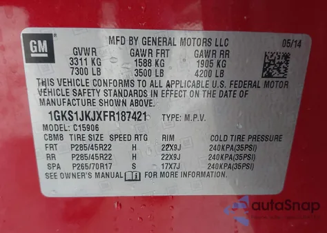 2015 GMC Yukon Xl Denali из США, поврежденный, VIN 1GKS1JKJXFR187421